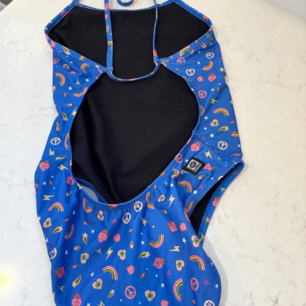 Jolyn Vibrant Blue Brandon style swimsuit with Colorful Icons